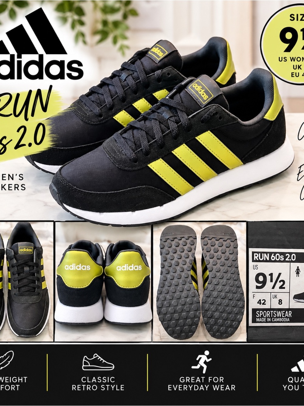 adidas Black and Neon Yellow Retro Run 60s 2.0 Sneakers